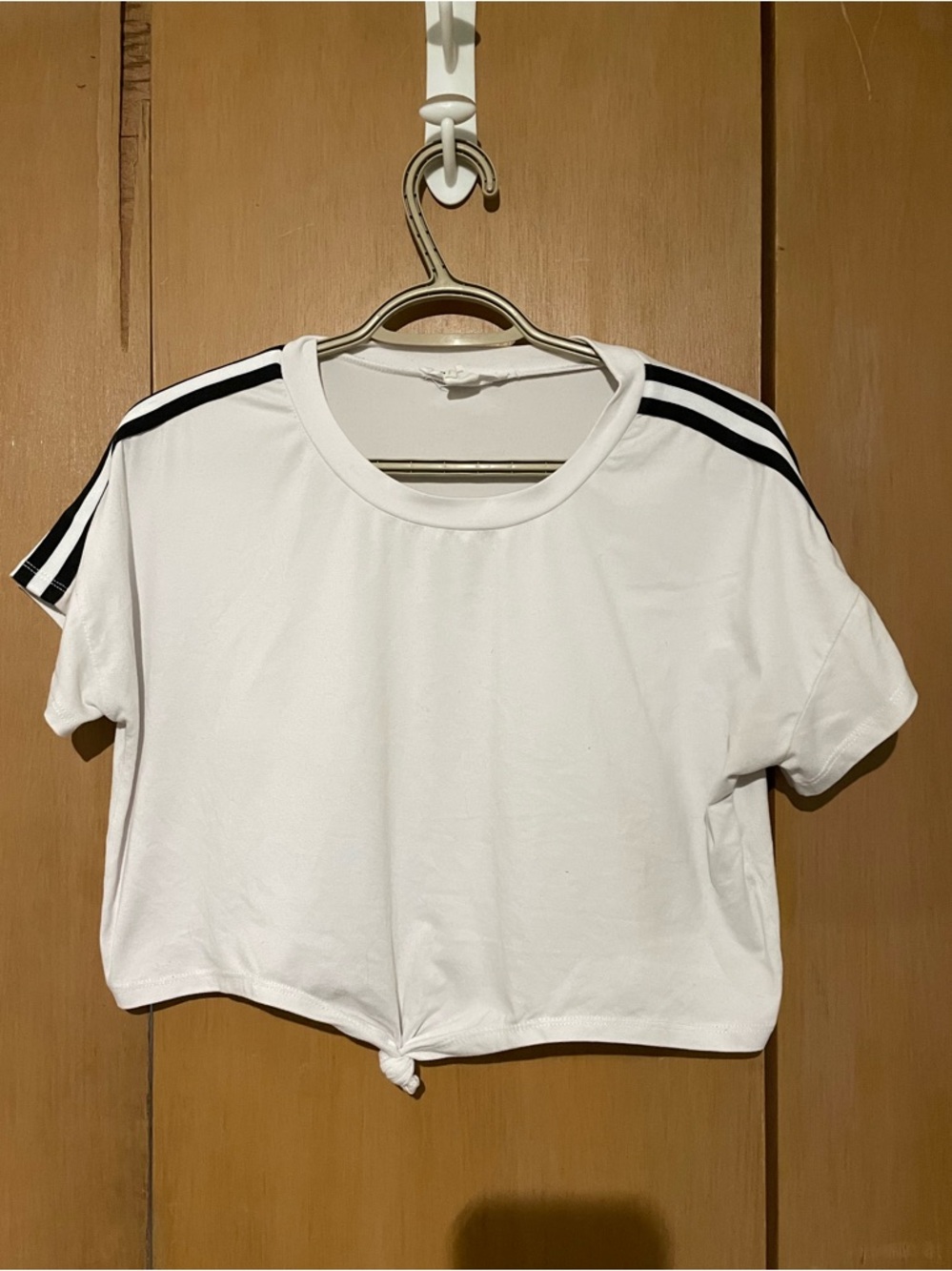 White Short-Sleeve Crop Top with Black Shoulder Stripes